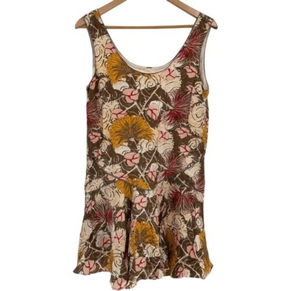 Free People‎ Tunic Tank Top Mini Dress Small Brown Yellow Floral Lined Boho